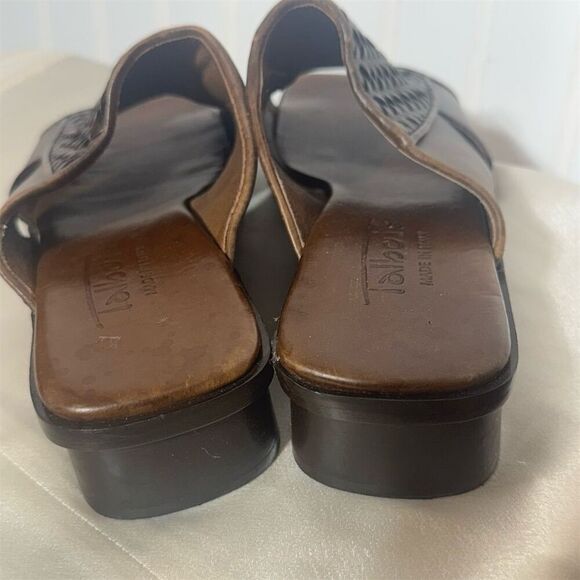 Talbots Made in Italy Brown Woven Leather Slides Heeled Sandals 7M Square Toe - Picture 4 of 9